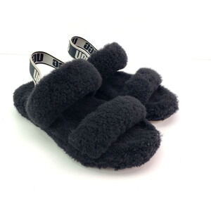 UGG Oh Yeah Girls Size 1Y Black Slip On Fluffy Soft Slipper Sandals 1115752K